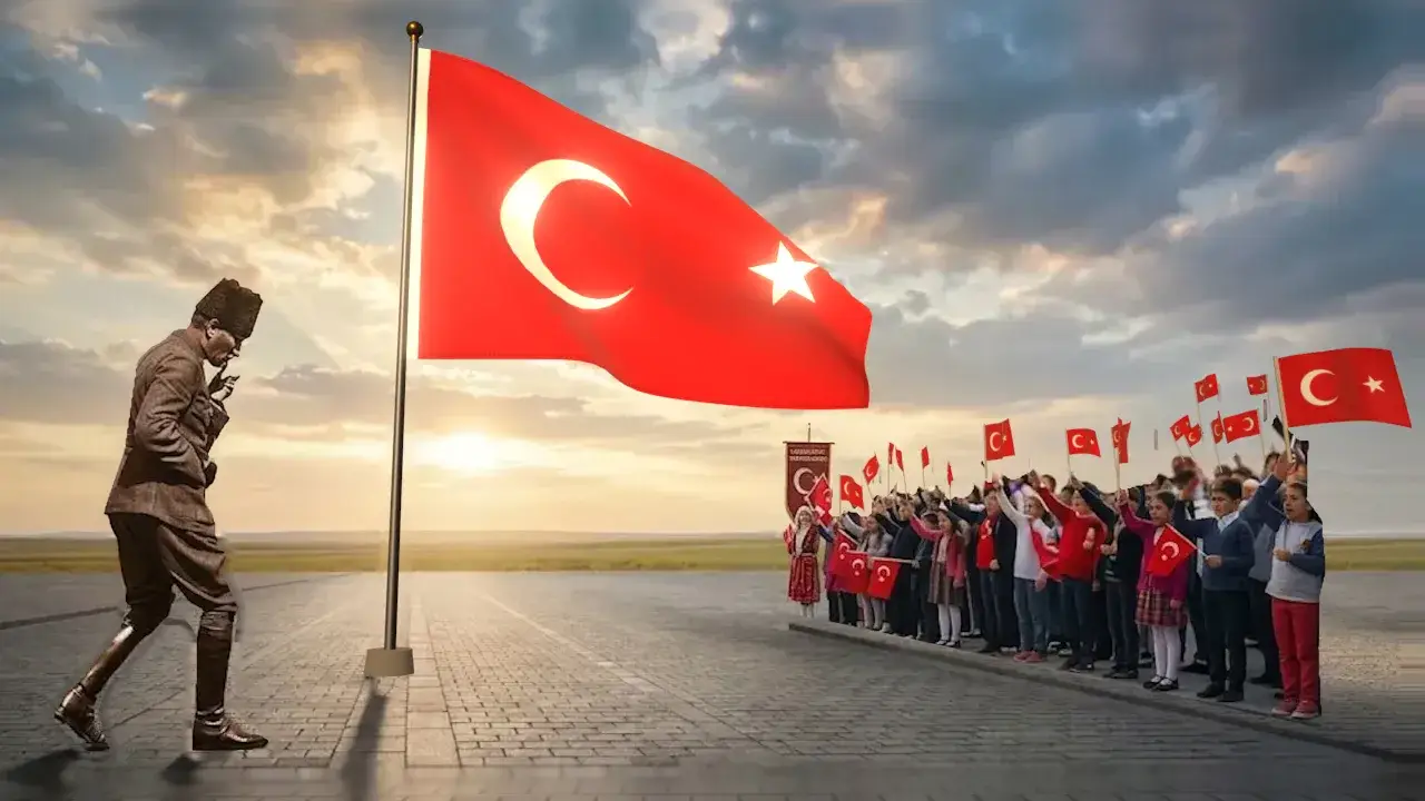 Gün batımında meydanda yürüyen Atatürk heykeli, uzun gönderde dalgalanan Türk bayrağı ve bayrak sallayan çocuklar
