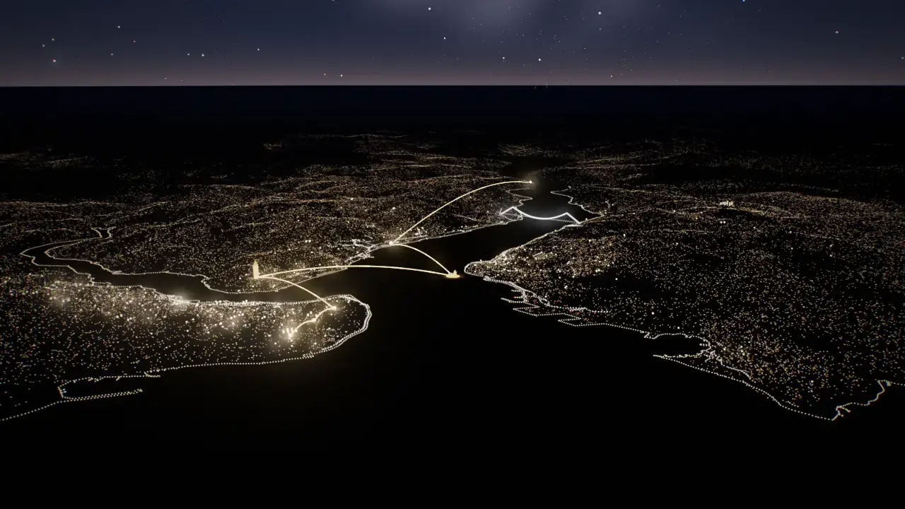 Gece İstanbul havadan: Boğaz'ın iki yakasında kıyı boyunca ışık dizileri, yerleri bağlayan altın yaylar, ufukta yıldızlı gök