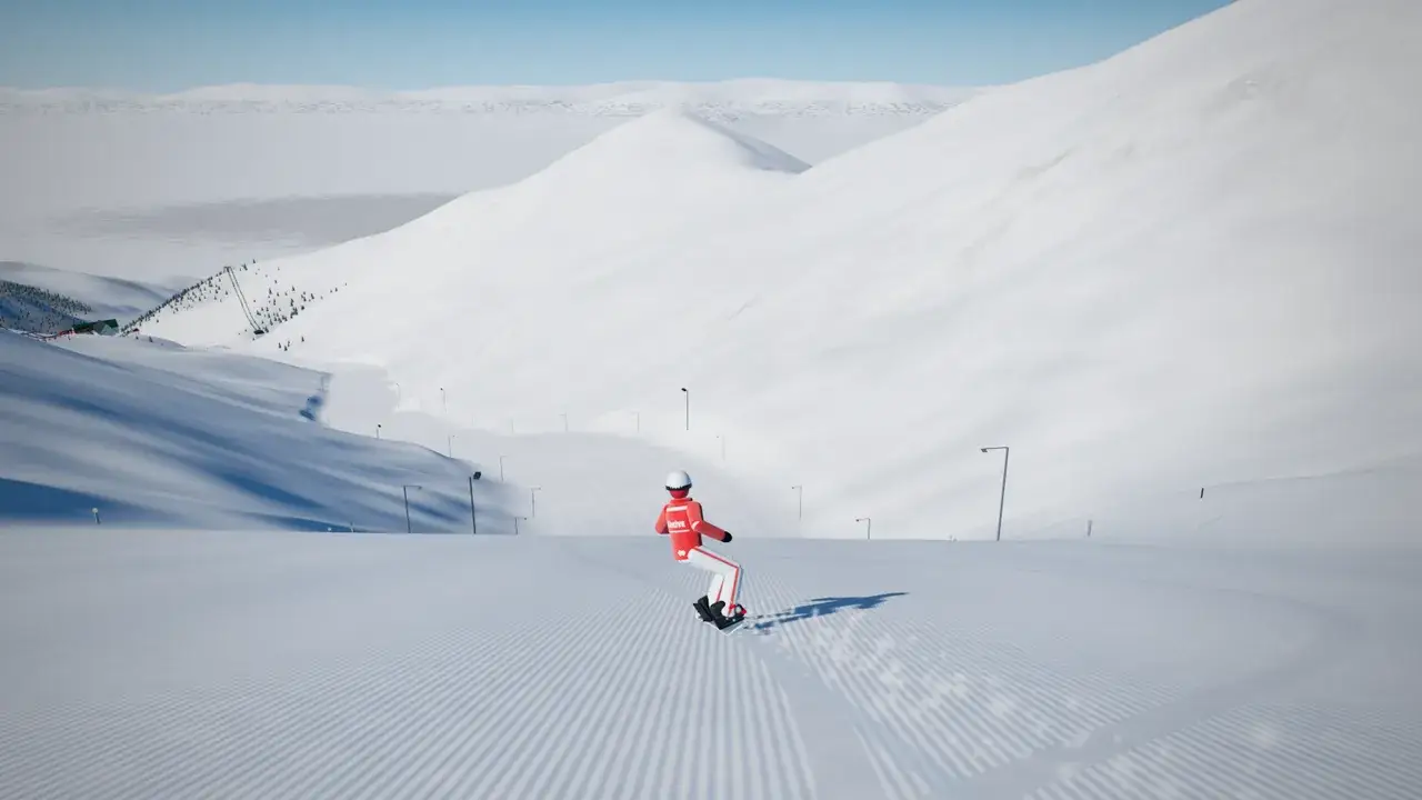 Kırmızı montlu bir snowboardcu ratrak çizgili geniş pistte dönüyor; arkada Palandöken'in karlı yamaçları, pist lambaları ve telesiyej hattı